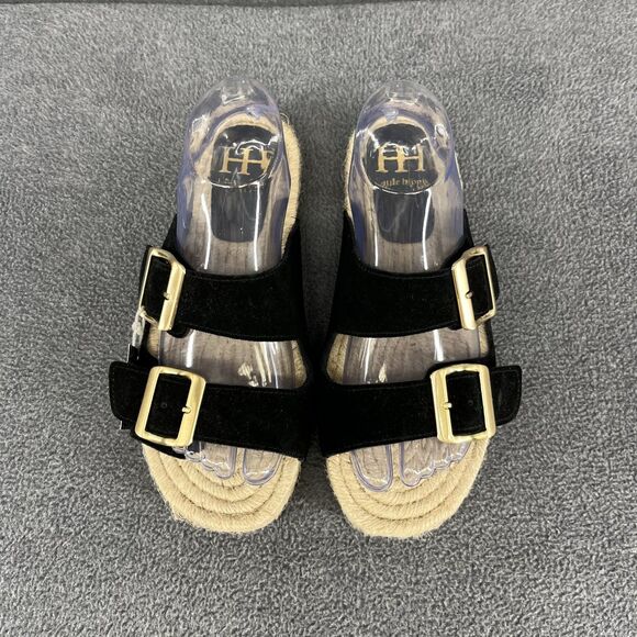 Haute Hippie Sandals Womens 7.5 black genuine suede espadrille slip on buckle - Picture 4 of 11